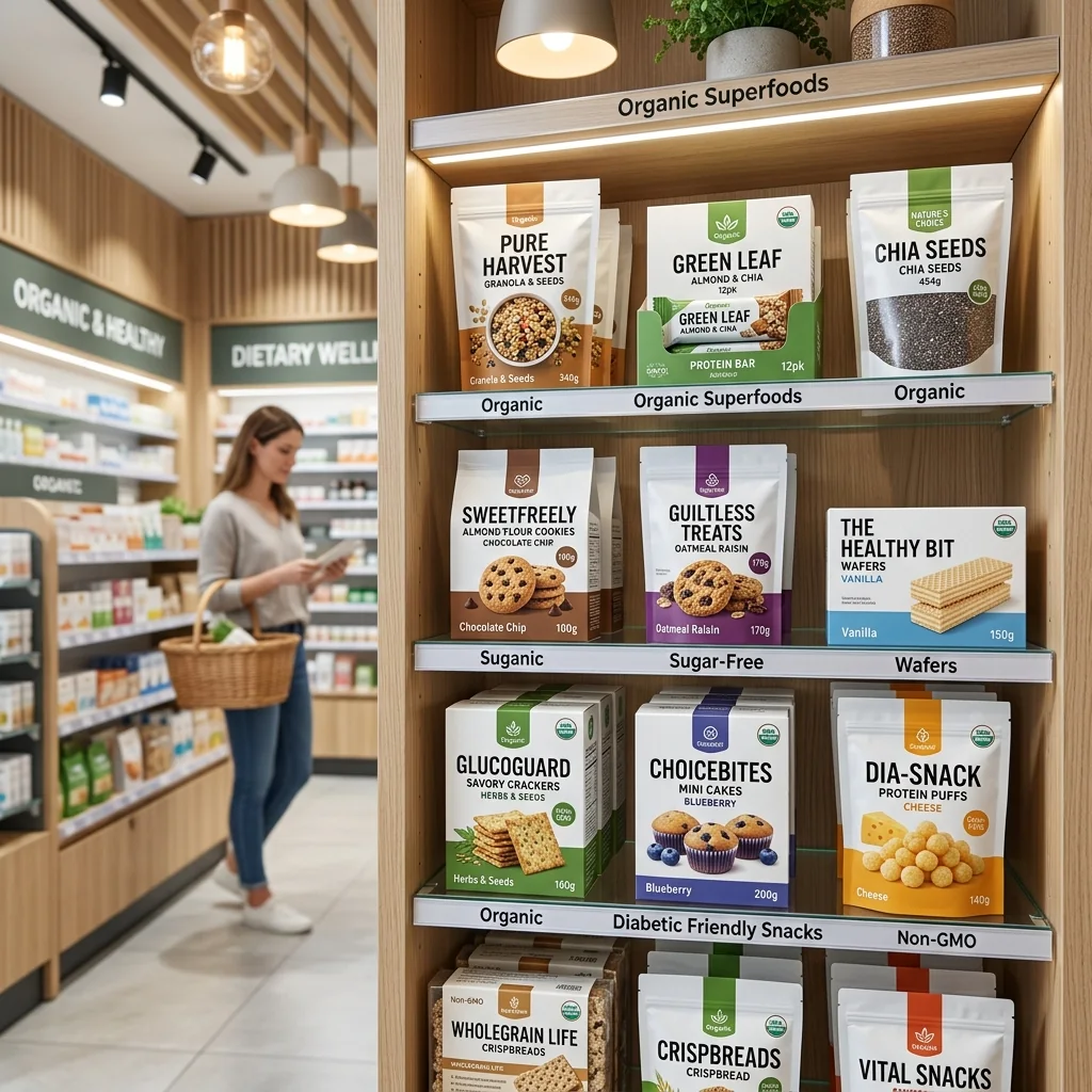 Prateleiras da Farma Diet organizadas com produtos diet, suplementos alimentares e espaço de atendimento ao cliente